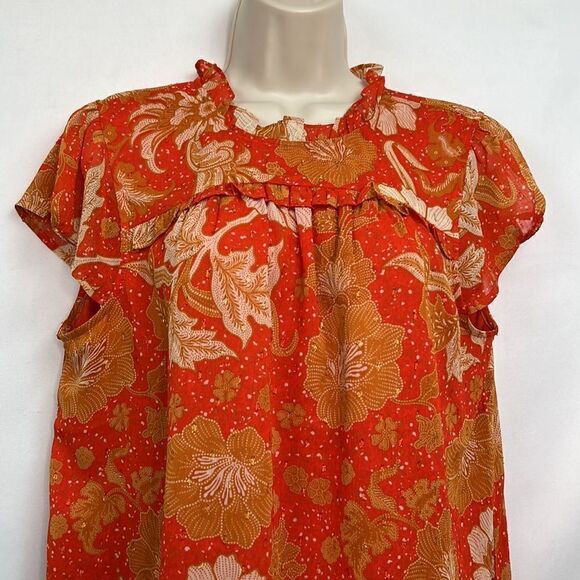 Joie Orange Fall Floral short sleeve Blouse with metallic accents size large EUC - Picture 2 of 11